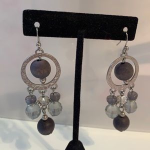Boho Fashion Blue Wood/Gray Bead Silver Tone Dangle Earrings